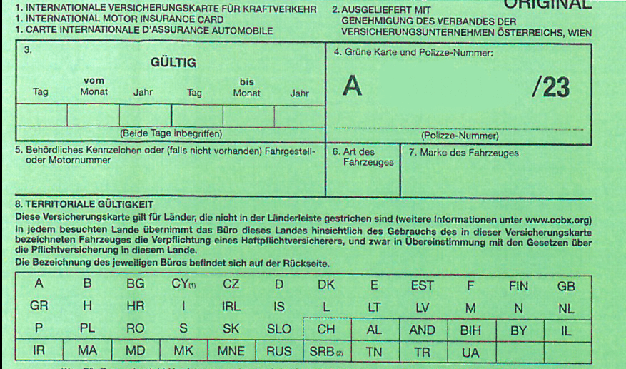 Grüne Versicherungskarte